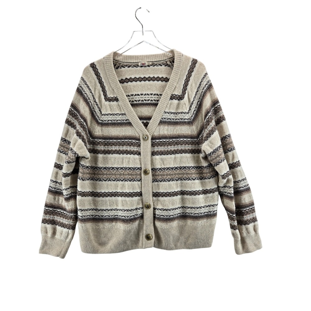 Faherty Highland Fair Isle Cardigan Merino Wool Cotton Blend Beige Brown XL